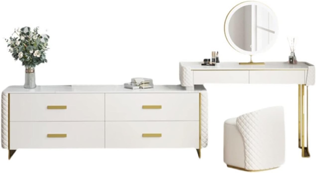 Vanity Dressing Table Set Luxury Makeup Bench with 3 Colors Led Hd Mirror,Comfortable Stool Drawers Cabinet,Modern Simple Style,for Girl's Gift (Size : 100cm) ()