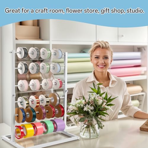 Image of 6 Tier Ribbon Organizer Rack - Metal Large Capacity Ribbon Holder for Craft Ribbon Washi Tape Arts & Crafts Supplies, Ribbon Storage Ribbon Rack for Craftroom, Florist Arts Wrapping, Cake Shop(White)