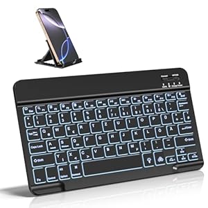 Vobafe Bluetooth Tastatur mit Telefonhalter für iOS/Android/Windows, Kabellose Tablet Tastatur für iPad/iPhone/Samsung/Laptop, Ultradünn Deutsche QWERTZ iPad Keyboard, 7 Farben Beleuchtete, Schwarz