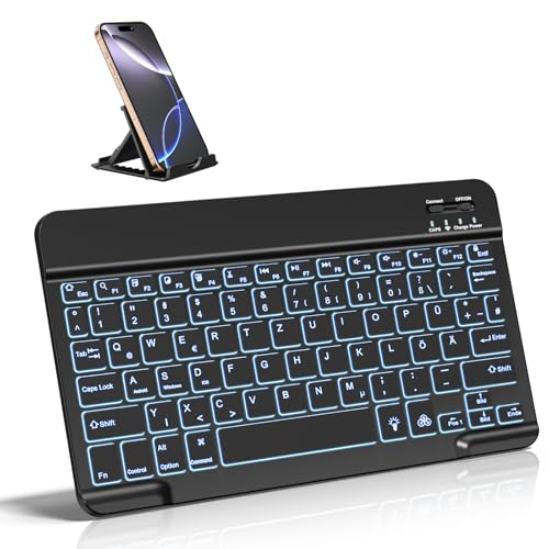 Vobafe Bluetooth Tastatur mit Telefonhalter für iPad Air/Pro/Mini/A16/11/10.9/10.2/iPhone, Kabellose Tablet Keyboard für iOS/Android/Windows, Deutsche QWERTZ, 7 Farben Beleuchtete, Schwarz 1