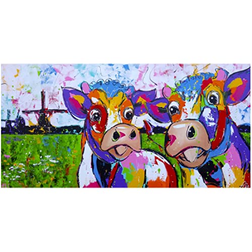 NIEMENGZHEN Acuarela Dibujos Animados Dos Vacas Óleo Lienzo Pintura sobre Lienzo Carteles Modernos Impresiones Imagen de Arte de Pared para Sala de Estar Decoración Pinturas 50x100 cm con Marco Cover