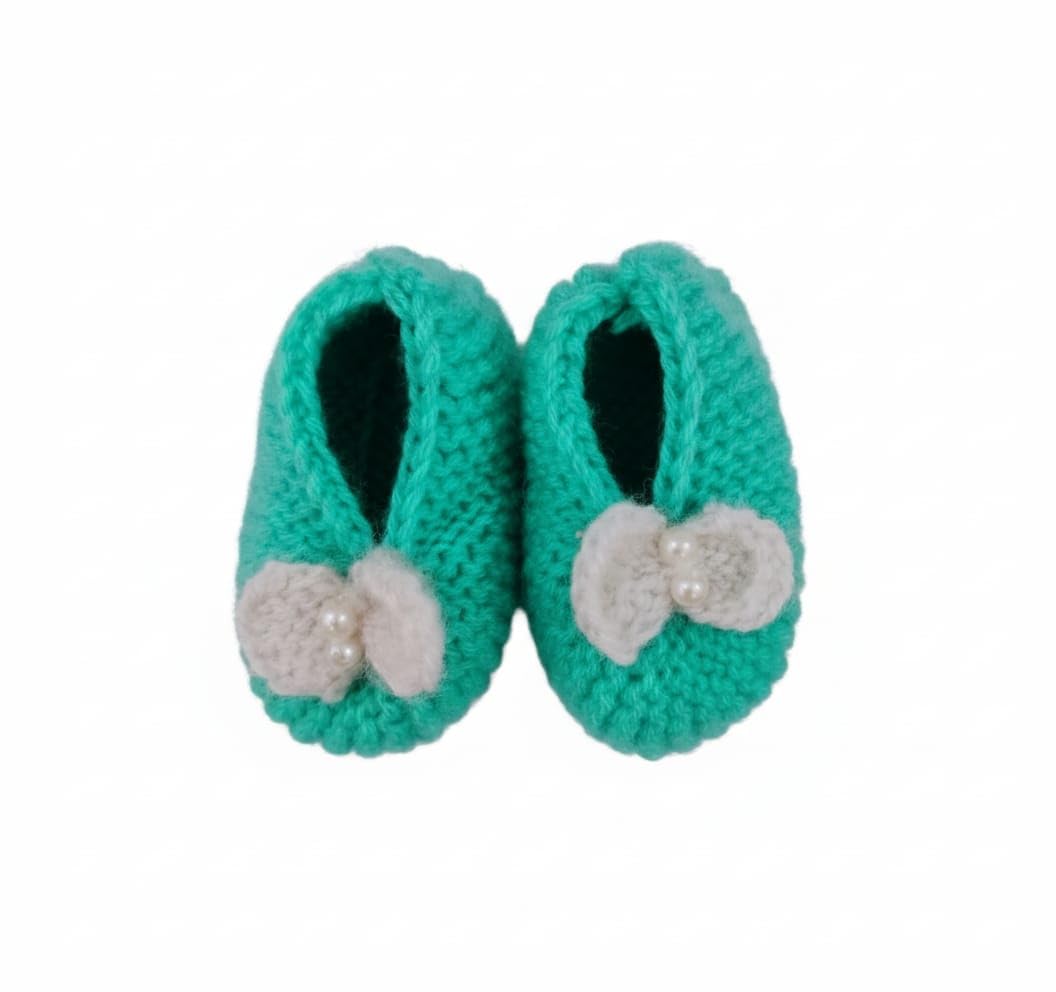 Handmade Baby Booties, Turquoise with White Flower, 0-12 Months-image-13