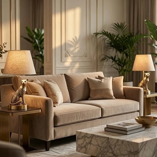 Image of BEHOMA Luxury Jaguar Figurine Table Lamp Set, Antique Gold - Set of 2 | Luxury Aluminium Jaguar table lamp in Antique Gold - as an accent lighting piece for living room - great wedding gift
