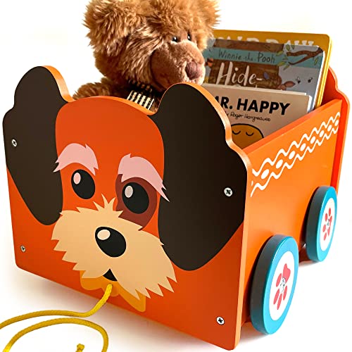 Caja de Juguetes de Madera - Animal Perro | 2 en 1 Carrito y Caja de Almacenaje con Ruedas para la Guardería o el Dormitorio | Regalo para Niños Juguete, Juego u Organizador de Libros