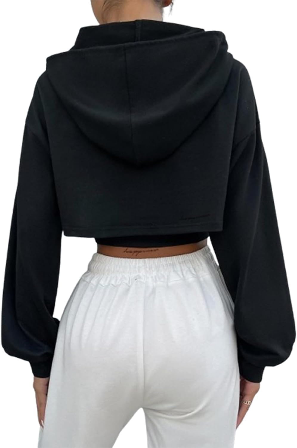 Hilinker Women's Zip Up Long Sleeve Cropped Hoodie Workout Drawstring Super Crop Tops Black X-Small - Image 2