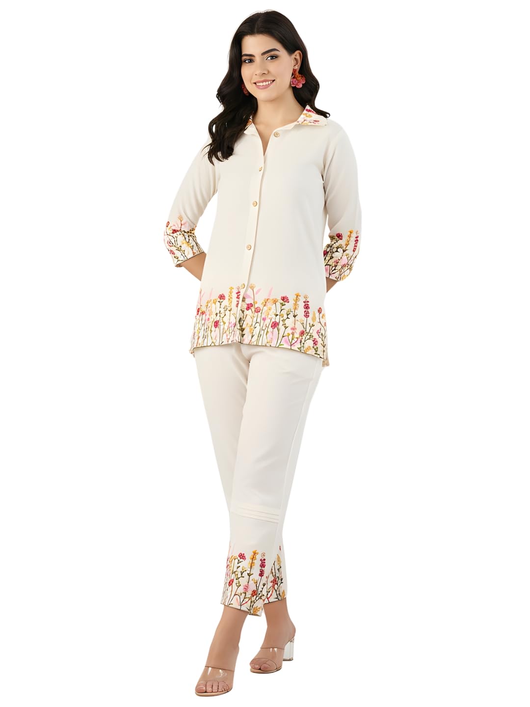 Women's Off White Cotton Blend Embroidered Straight Kurta with Pant | Co-ord Set (NK-CS01)-image-39