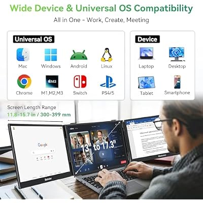 Blackview Laptop Screen Extender, 14 1080P FHD IPS Triple Portable Monitor, Ultra-Slim Travel Dual Monitor Fit for 13-17.3 Laptops, USB-C Plug&Play Extended Screen for Windows/Mac/Android/Switch