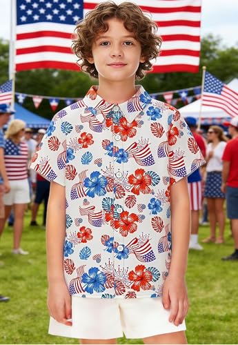 Image of 4th of July Shirts for Girls Boys American Patriotic Tshirt Kids Hawaiian Button Down Tops