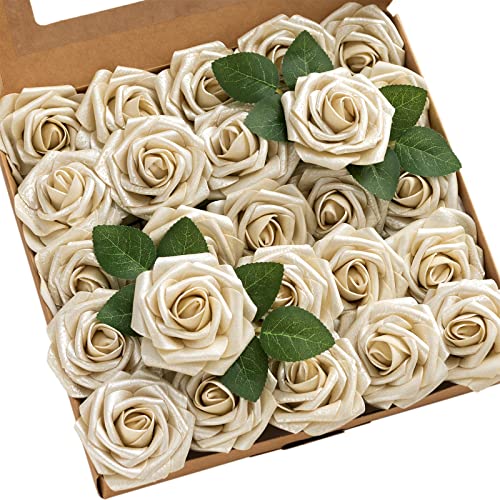 Lings moment Artificial Flowers 25Pcs Champagne Gold Roses Decor w/Stems 3 Real Touch DIY Foam Floral for Wedding Bouquet/Centerpieces Outdoors Party Backdrop Room/Table Christmas Decor