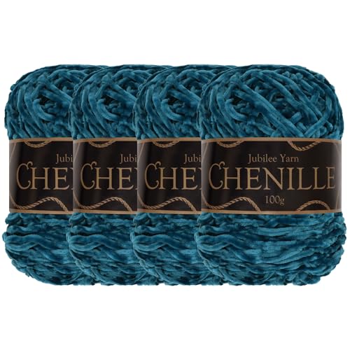 JubileeYarn Chenille Yarn - Worsted Weight - 100g/cake - Cerulean - 4 Cakes, 011 Cerulean
