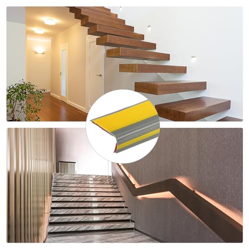 QUARKZMAN 3.2Ft Treppenkantenprofil, 3mm PVC Selbstklebender Treppenkanten-Schutz L-Form Treppenabschluss Treppenstufenkantenverkleidung für den Außen- und Innenbereich, Gelb/Grau.