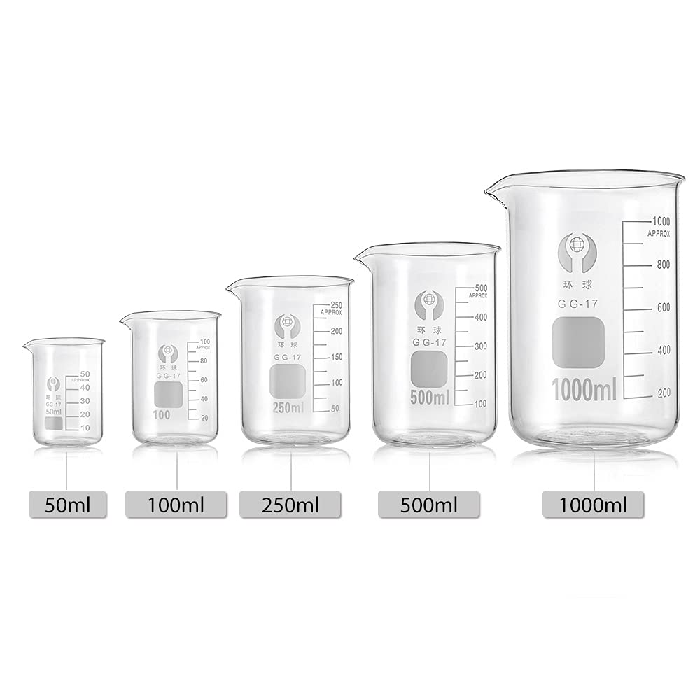 MAIDeSITe Borosilicate Glass Beakers,Beaker Set - 5 Sizes - 50ml, 100ml, 250ml, 500ml, 1000ml,Contains Glass Stirring Rod, Magnetic Stirring and Beaker Brushes: Industrial & Scientific