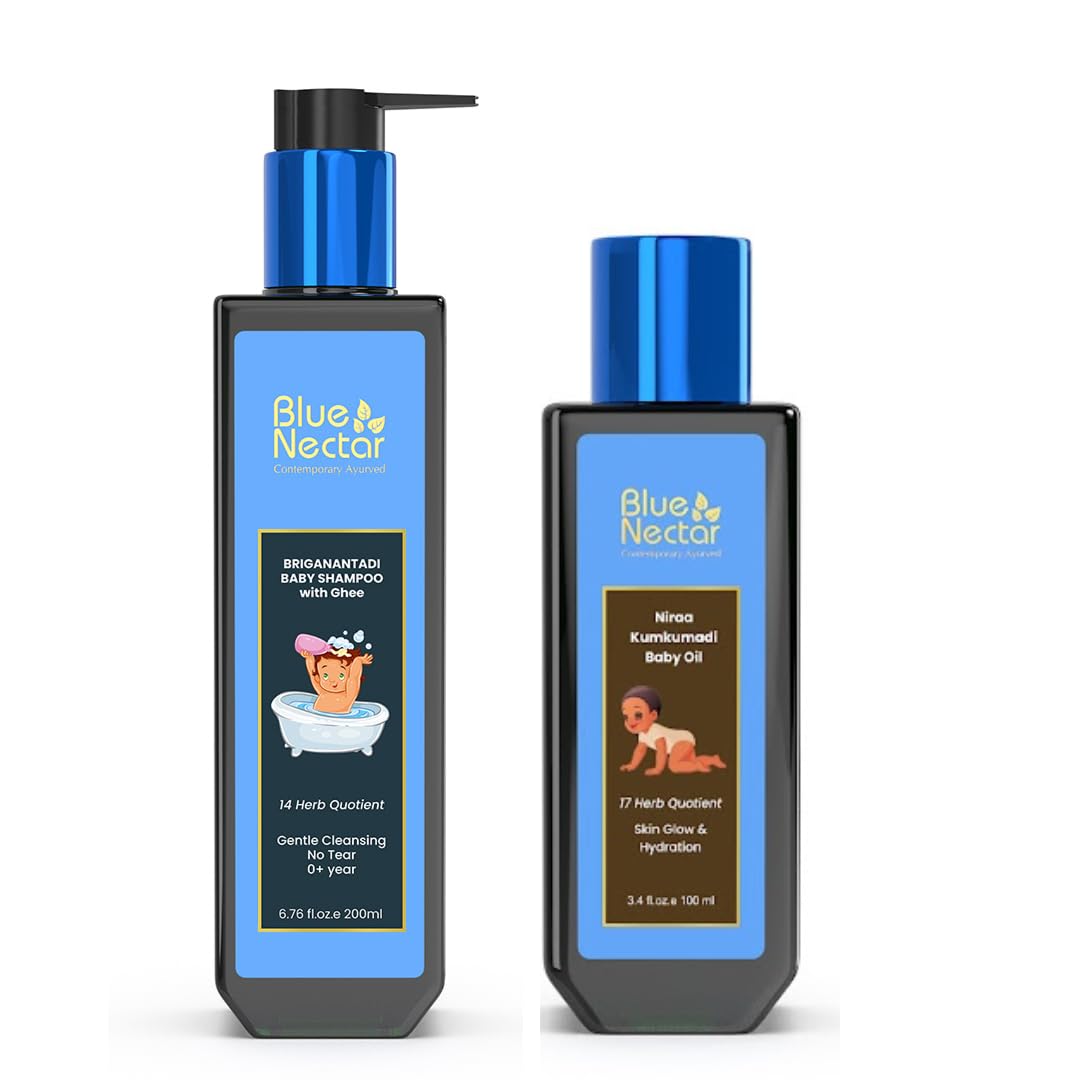 Blue Nectar Baby Shampoo for Kids with Natural Ghee | No Tear Formula (6.76Fl Oz) with Ayurvedic Baby Kumkumadi Massage Oil for New Born (3.38 Fl oz)