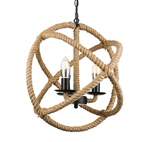 Baycheer Hl371869 Industrial Retro Style Metal Hemp Rope Globe Cage Round Pendant Lamp Fixture Pendant Light Chandelier With 3 E12/14 Bulbs #TOP18