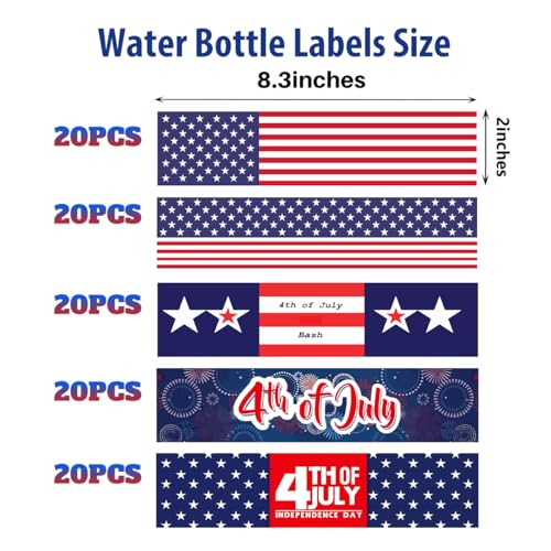 100 Pcs 4th of July Party Supplie Patriotic Water Bottle Labels Independence Day 4th of July Water Bottle Stickers Party Kitchen Dining Table Decorations