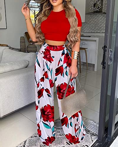 Mandonce 2 Piece Outfits For Women Crew Neck Short Sleeve Crop Tops Printed Wide Leg Long Pants Summer Matching Sets #TOP2