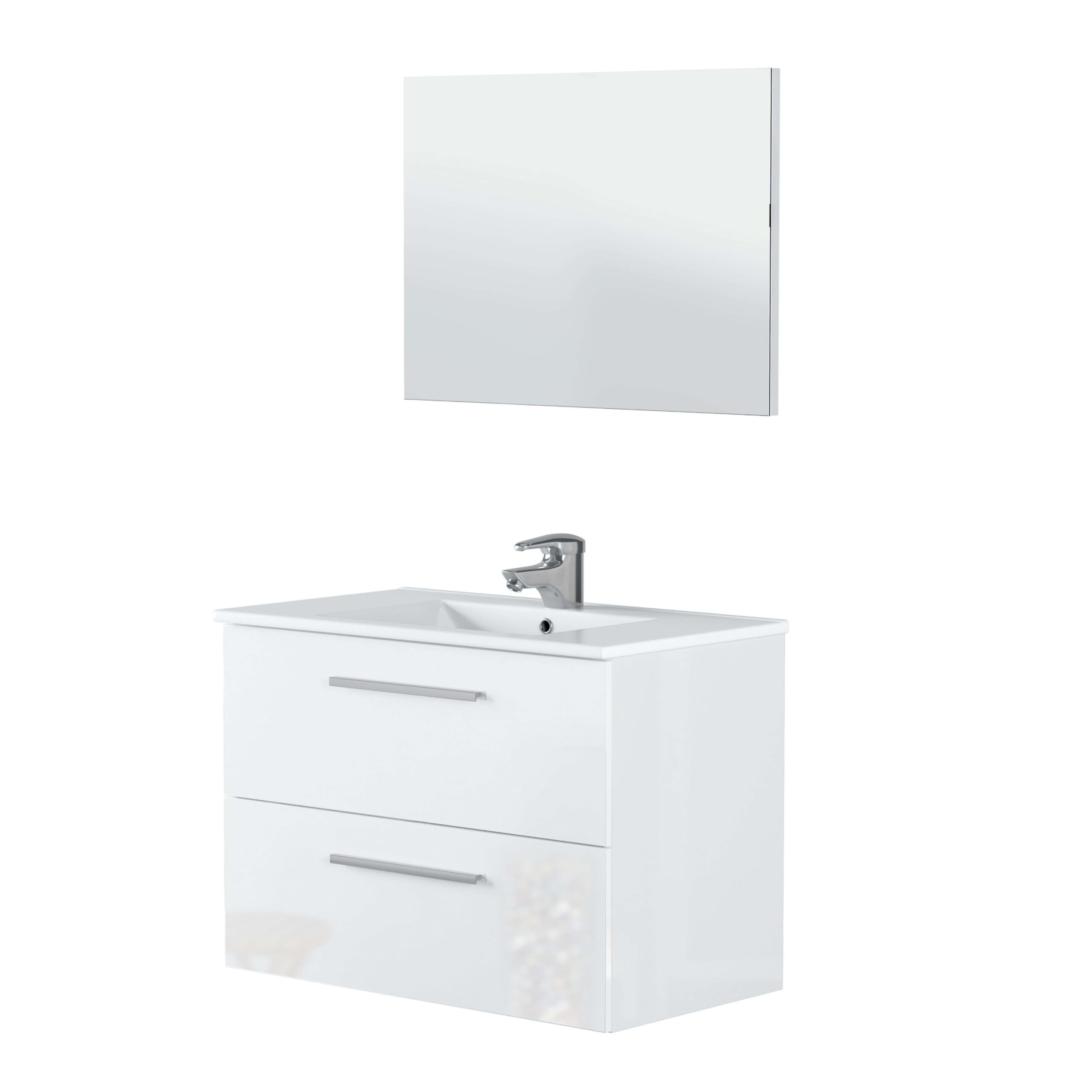 ONDÉE - Mueble de baño de la colección Aruba - Moderno y Práctico - Encimera de cerámica con Lavabo Extra Plano - Espejo Incluido - Entregado en Kit - Ancho 80 cm - Lacado Blanco