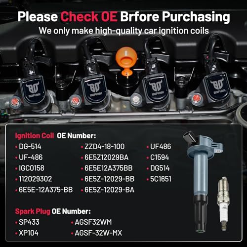 Image of BDFHYK Ignition Coil Pack UF486 and Iridium Spark Plugs XP104 Compatible with Lincoln Zephyr,Compatible with Mercury Milan, Tribute, Fusion 3.0L V6 IGC0158 5C1651 DG514 SP433,Sets of 6