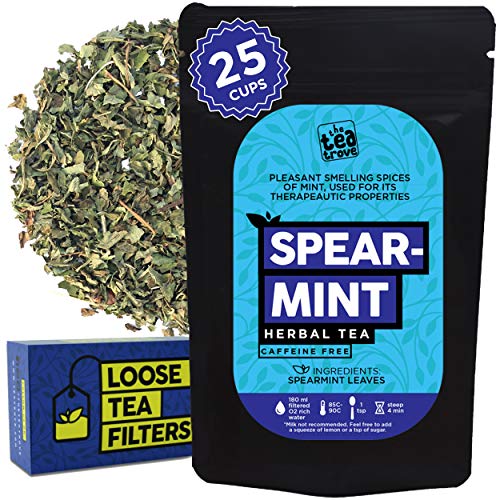 The Tea Trove Spearmint Tea Loose Leaf with Loose Tea Filter Help Cure Hormonal Acne Facial Hair Due to PCOS | Steep as Hot Spearmint Herbal Tea or Iced PCOS Tea | Caffeine Free (25 Gm, 25 Cups)