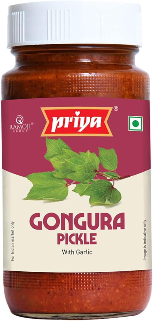 Priya Gongura Pickle with Garlic, 300g I Authentic Telugu Style Achar |Traditional South Indian Taste| Homemade Andhra Pickles| Tangy and Spicy|With Tamarind Paste, Gongura Leaves & Mixed Spices| Glass Jar