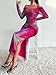 LIGHT DOT Women's Printed Off Shoulder Dress Long Sleeve Bodycon Maxi Mesh Layered Side Slit (Fuchsia,XS)