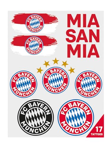 FC Bayern München Tattoo Set - 2 Bögen mit 17 Mehrfarbigen Hauttattoos, 12,5x9,5 cm, Fanartikel für Kinder & Erwachsene