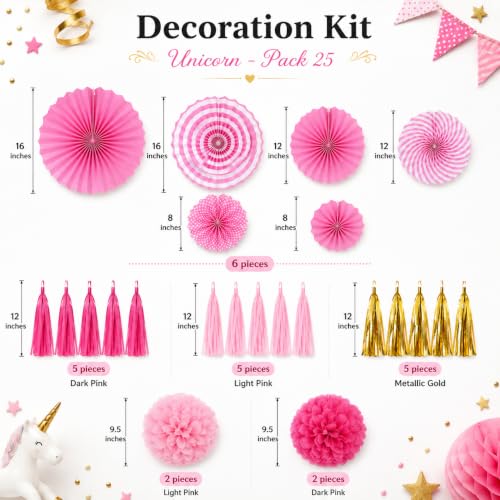 Image of AMFIN (Pack of 25) Unicorn Theme Birthday Decoration Kit Metallic Finish Women Girls Item Pink Multi Head Rainbow