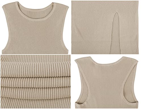 Prettyguide Women's Summer Knit Dress Crew Neck Sleeeless Cutout Side Slit Bodycon Midi Dress Sandshell L #TOP5