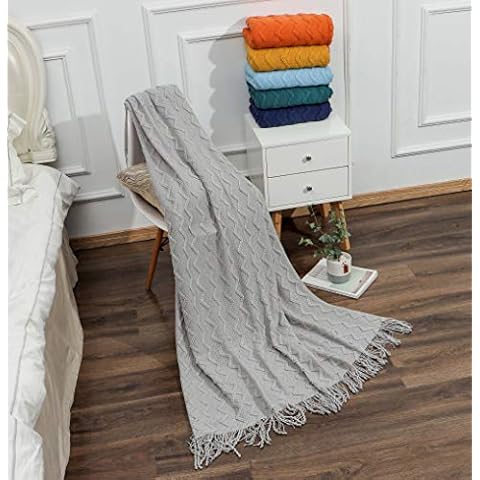 Kindred Home Soft Sofa Slip Cover Decorative Knitted Blanket, Cozy Fringed Knitted Blanket, Decorative Throws and Throws, Farmhouse Warm Woven Blanket for Men and Women, 50" x 60" (Chevron Grey) Cover