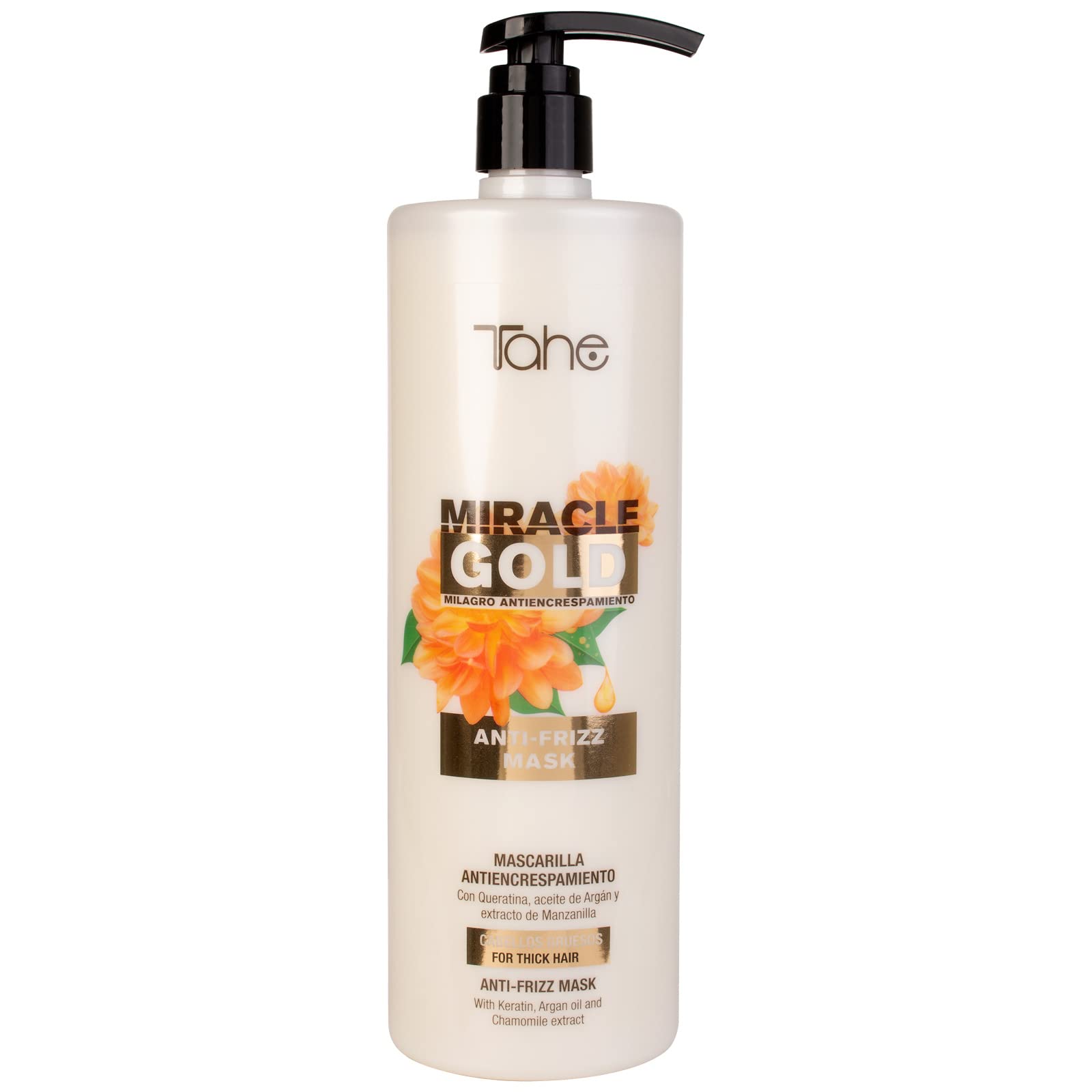 Tahe Miracle Gold Anti-Frizz Mask for Thick Hair with Keratin, Argan Oil, and Chamomile Extract, 1000ml