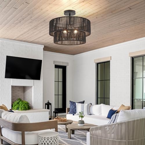 Fenluster 15.7'' Black Boho Light Fixtures Ceiling Mount Coastal Hemp Rope Semi Flush Mount Ceiling Light Fixture 3-Light Rattan Light Fixtures with 2-Tier Drum Shade for Dining Room Kitchen Entry by Fenluster - Used condition - Image 3