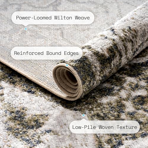 Image of AMERLIFE 5'x8' Wilton Collection Area Rug, Durable Low Pile Non-Slip Washable Rug for High Traffic Areas, Distressed Floral Pattern Vintage Rug for Living Room, Bedroom, Dining Room,Light Green