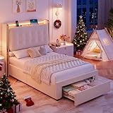 HIFIT Upholstered LED Twin Bed Frame with Storage and Charging Station, Lavish Wingback Headboard with Fluffy Tufted Cushions, Modern Velvet Kids Twin Size Platform Bed with Drawers for Girls, Beige