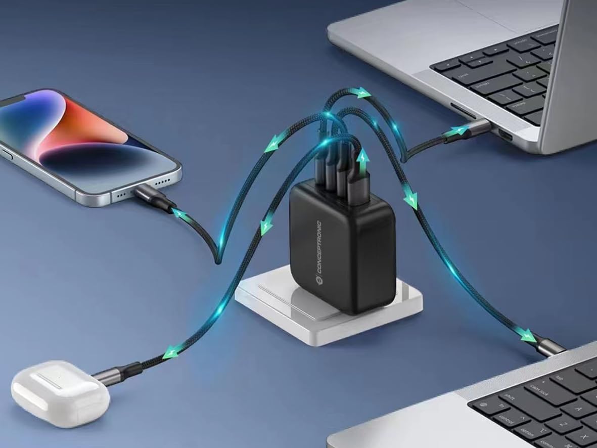 Conceptronic 4-Port 100W GaN USB-PD-Ladegerät mit USB-C-Ladekabel, USB-C x 3, USB-A x 1, QC 3.0, PPS