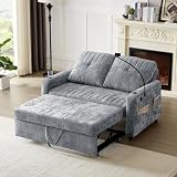 Merax Chenille 3-in-1 Pull Out Sleeper Sofa Bed Couch, 54' Convertible Futon Loveseat with Adjustable Backrest, 2 Cup Holders, Phone Stand, 3 Charging Ports and Storage Pockets for Living Room, Gray