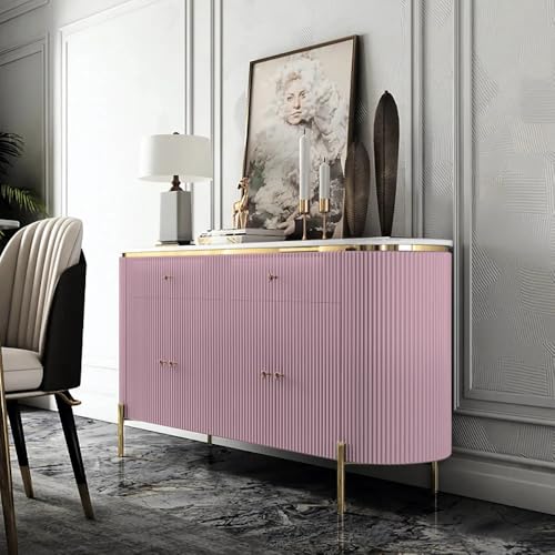 Image of Modern Console Table, 55 x 15 x 30 inch, White Ribbed Design, Marble Top, Gold Accents, 4-Door Storage Cabinet, Waterproof Plywood, PVD-Coated Legs, Elegant Entryway (Pink)