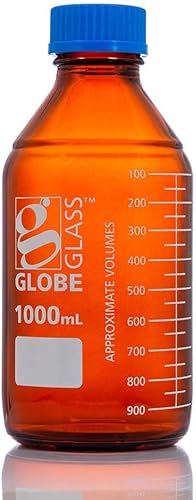Globe Glass, Amber Media Bottle, 1000mL, GL45 Screw Cap, Dual Graduations, 10/Bo
