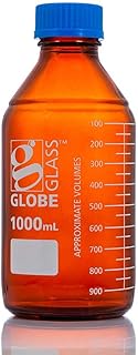 Globe Glass, Amber Media Bottle, 1000mL, GL45 Screw Cap, Dual Graduations, 10/Box