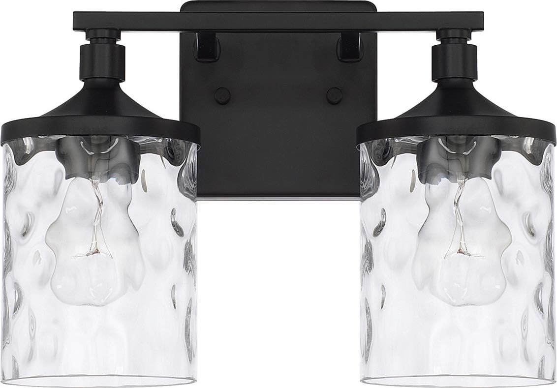 HomePlace Lighting 128821MB-451 Colton Mid-Century Clear Water Glass Bathroom Vanity Wall Light, 2-Light 200 Total Watts, 10" H x 13" W, Matte Black