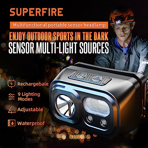 SuperFire LED Head Torch Rechargeable, 2000LM Super Bright Headlamp with Storage Box, USB C headtorch Sensor Control - Image 4