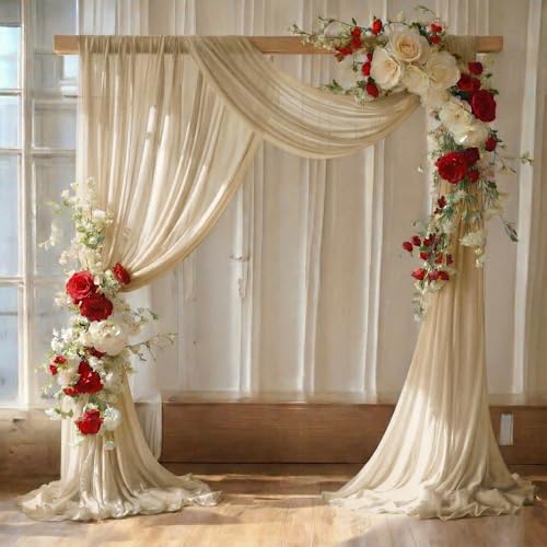 MDS® Pack of 1 Wedding Arch Drape Panel (30" Width x 20ft Long) Sheer Chiffon Arbor Canopy Drapery Fabric for Wedding Ceremony Reception Decoration Party Ceiling Backdrop Curtains - Champagne Gold