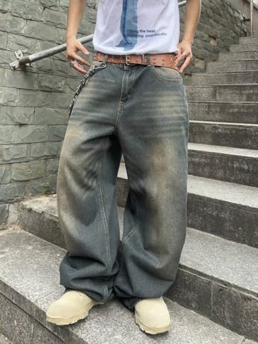Image of HUNGSON Mens Baggy Jeans for Men Women Y2k Skater Vintage Plain Pants Casual Wide Leg Jeans Loose Fit Denim Jeans