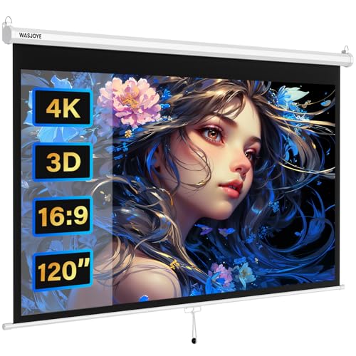 WASJOYE Manuale Telo Proiettore Avvolgibile - Universale 120 Pollici Roll-Down Schermo Proiettore Retrattile w/Auto-Locking, Projector Screen Altezza dello Schermo Regolabile, Bordo Nero Maschera