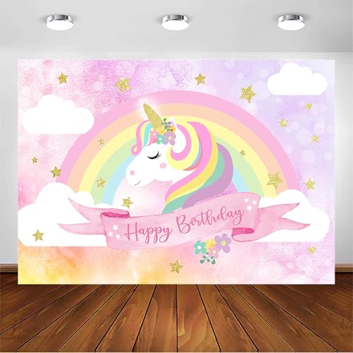 Avezano 2.1 * 1.5m Fondo de Unicornio mágico, Fondo de Foto de Estrella con Brillo de cumpleaños de Unicornio arcoíris, Fondo de fotografía de Unicornio para Banner de cumpleaños de niña