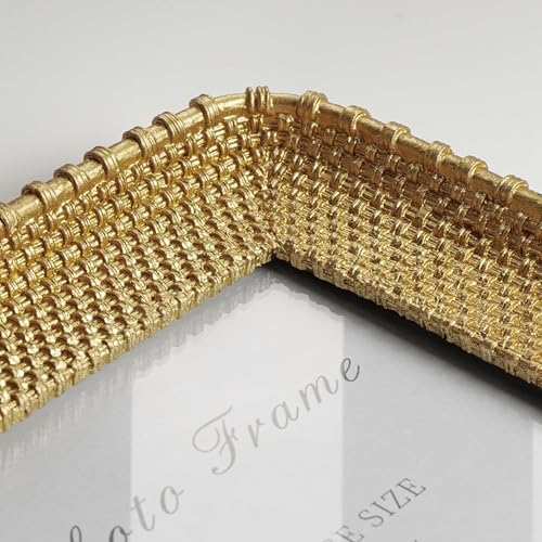 Vintage Gold 5x7 Picture Frame, Gold Metal Rattan Textured Hand-Crafted Photo Frame with Glass Front Antique Picture Frame for Tabletop Display & Wall Display, Retro Design Home Decor