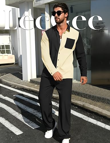 LecGee Mens 2 Piece Color Block Outfits Casual Long Sleeve Color Block Shirts and Pants Matching Set Sweatsuit2