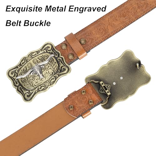 Image of Western-Cowboy-Leather-Belts for Women Turquoise-Oval-Buckle Embossed Belt