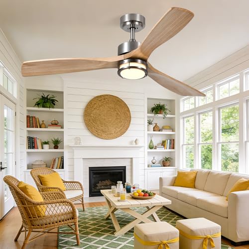 Image of 52 Inch Ceiling Fans with Lights and Remote Control, 3 Blade Ceiling Fan with Light for Bedroom Living Room Indoor Outdoor Patio, Reversible, 3CCT, Dimmable, Noiseless DC Motor, Nickel & Natural Wood