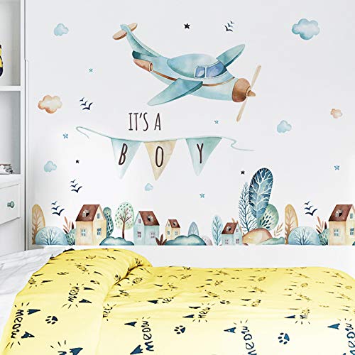 Image of Its a Boy Banner Airplane Wall Stickers Aircrafts Birthday Banner Nursery Wall Decal for Nursery Playroom Girls and Boys Children's Bedroom Home Decor