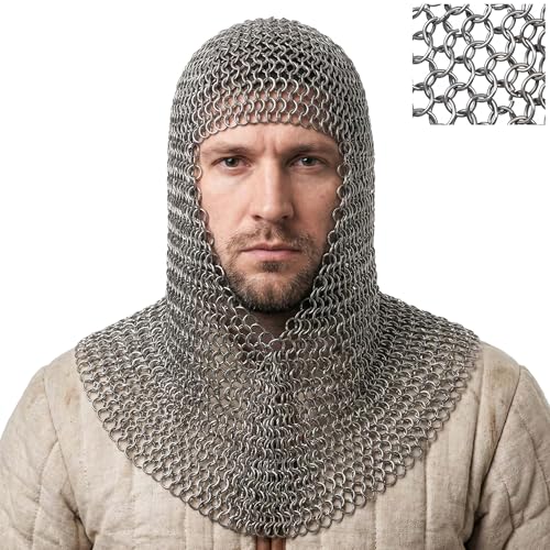 Mythrojan Stainless Steel BUTTED Chainmail COIF: Medieval Knight Renaissance Armor Chain Mail Hood Viking LARP 16 Gauge